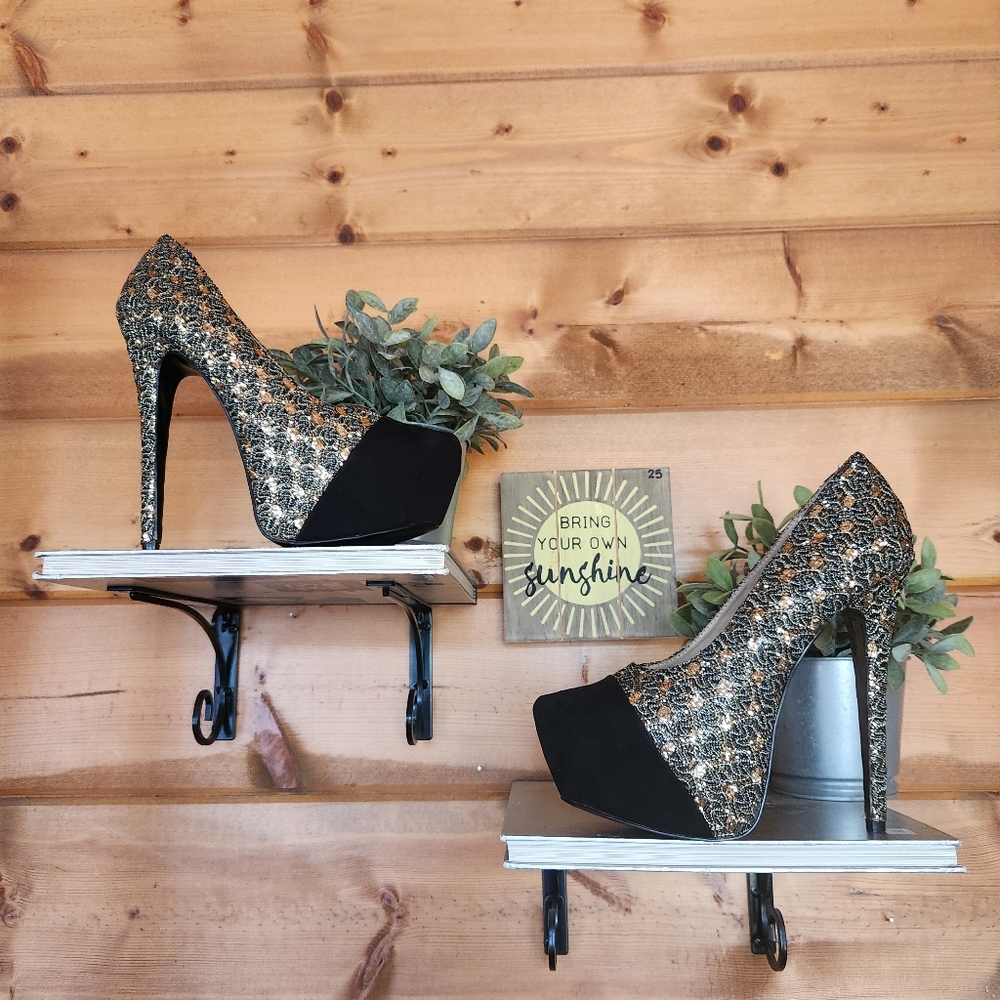 Shoedazzle Shamane Sequin Platform Heels‎ Black Gold Stiletto Suede Pumps Sz 9.5